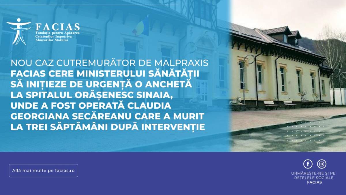 Cazul a șocat comunitatea din Sinaia Tânără mamă moartă după o operație banală. FACIAS cere anchetă urgentă la Spitalul Orășenesc Sinaia