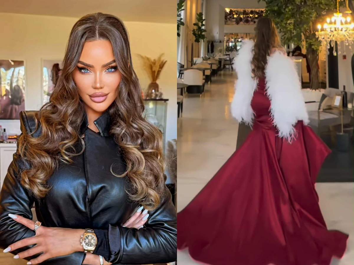 Bianca Drăgușanu poartă rochie lungă și vișinie. Bianca Drăgușanu