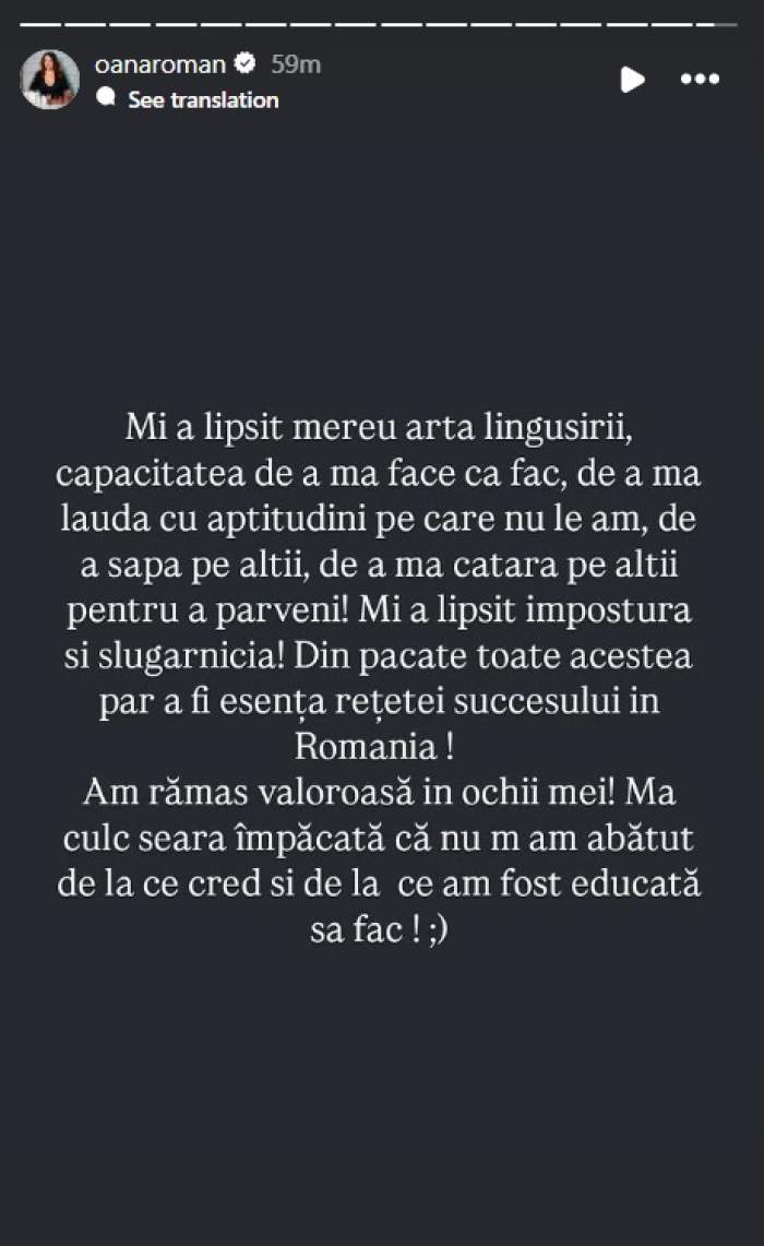Oana Roman, mesaj cu subînțeles. Ce a transmis vedeta la ceas de seară: "Am rămas valoroasă"