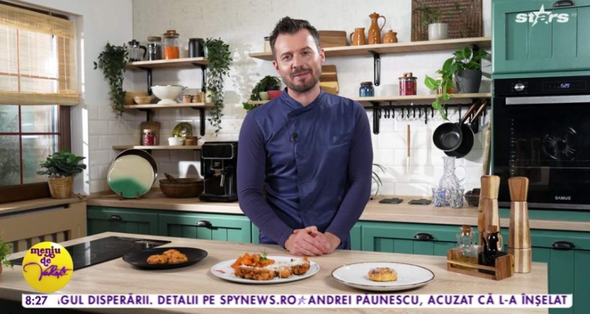 Rețeta lui Horia Manea de șnițel din file de pui cu cartofi dulci wedges, la Meniu de vedetă