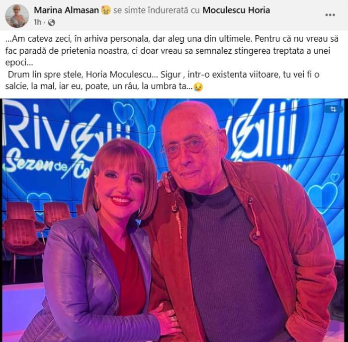Marina Almășan, reacție emoționantă după moartea lui Horia Moculescu. Ce a transmis prezentatoarea TV: ”Tu vei fi o salcie la mal, iar eu, poate...”