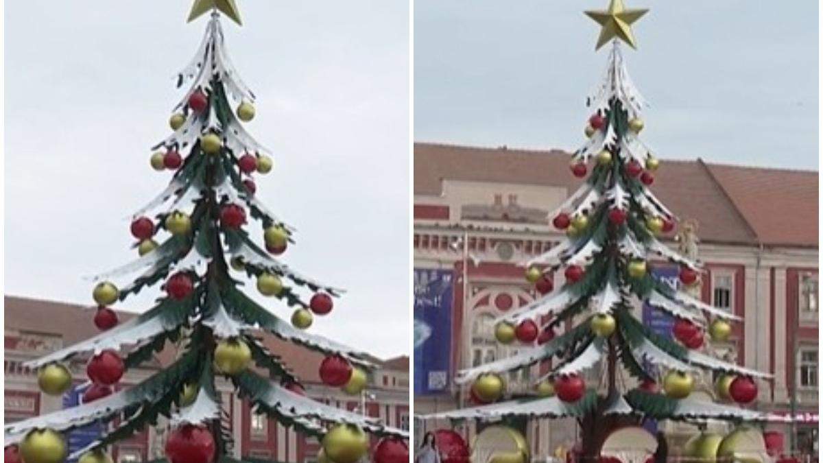 Un brad atipic, amplasat în Timișoara, a stârnit un val de reacții în rândul oamenilor: „E urât tare”. Imaginile care au devenit virale