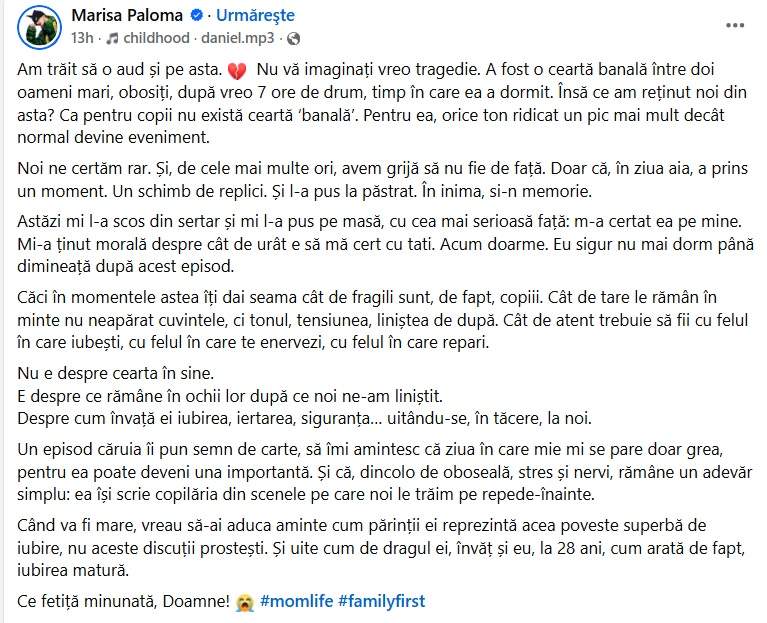 Lecția pe care Marisa Paloma a primit-o de la fiica ei. Ce i-a spus micuța după ce a asistat la o discuție tensionată 