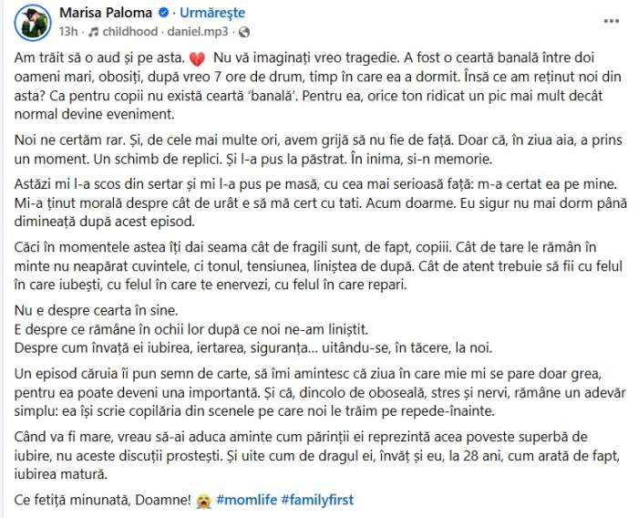 Lecția pe care Marisa Paloma a primit-o de la fiica ei. Ce i-a spus micuța după ce a asistat la o discuție tensionată 