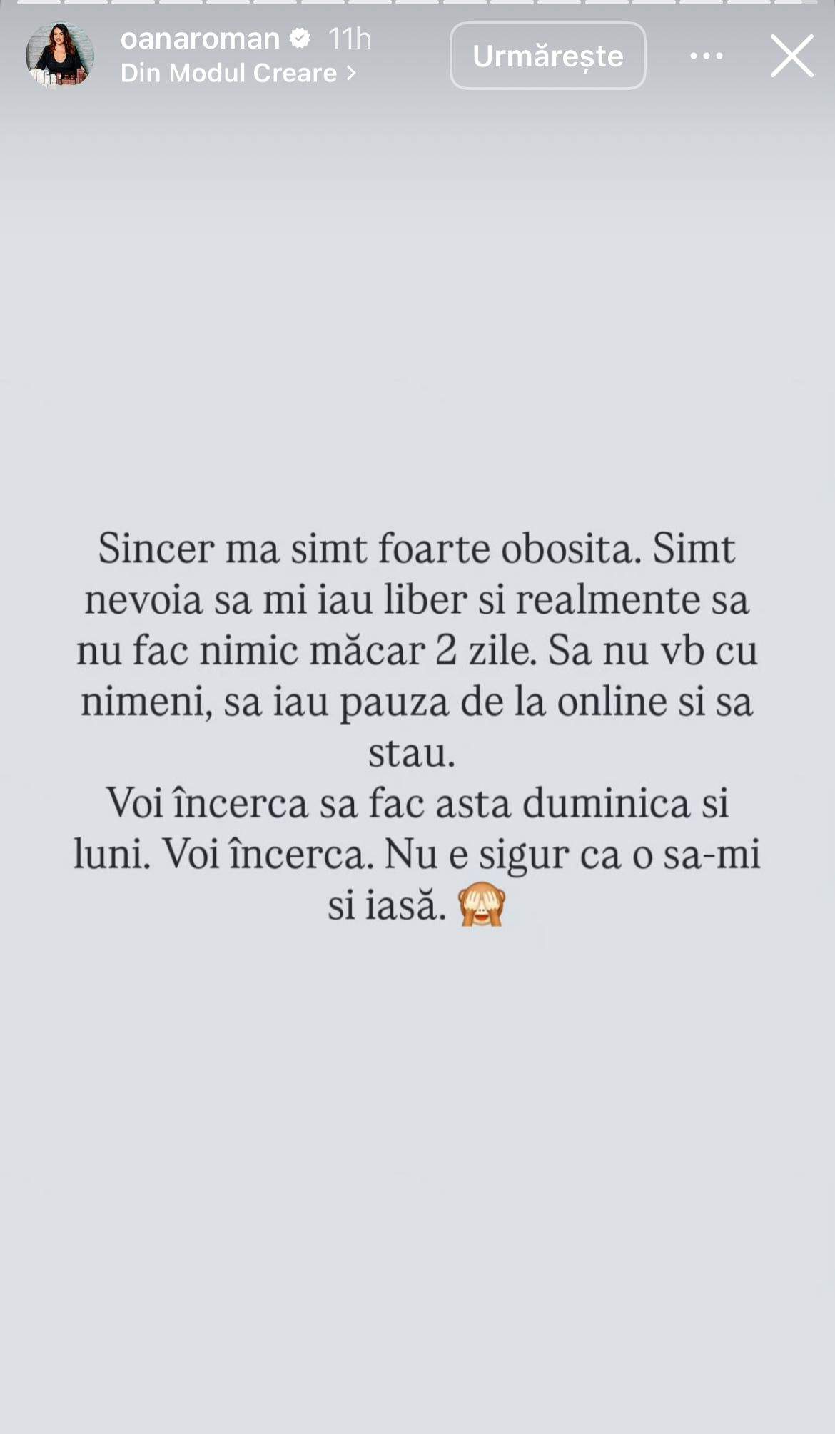 Mesajul publicat de Oana Roman, pe Instagram
