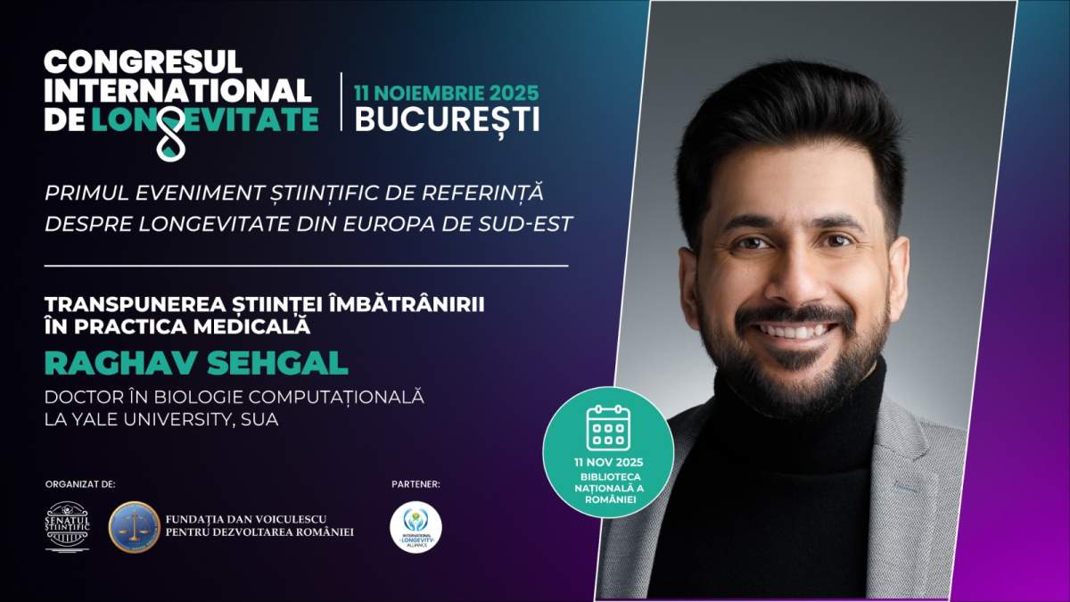Cercetătorul care poate măsura îmbătrânirea în 11 sisteme ale corpului dintr-o singură probă de sânge vine la București: Dr. Raghav Sehgal, Yale School of Medicine, la Congresul Internațional de Longevitate