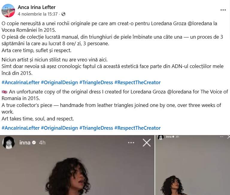 Controverse în lumea modei! O creatoare susține că una dintre rochiile purtate de Inna este inspirată de creația ei pentru Loredana Groza, din 2015