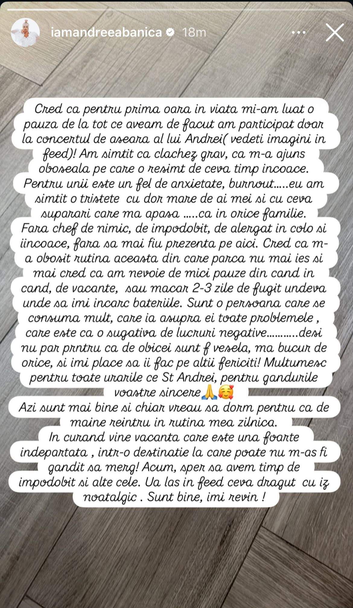 Mesajul postat de Andreea Bănică