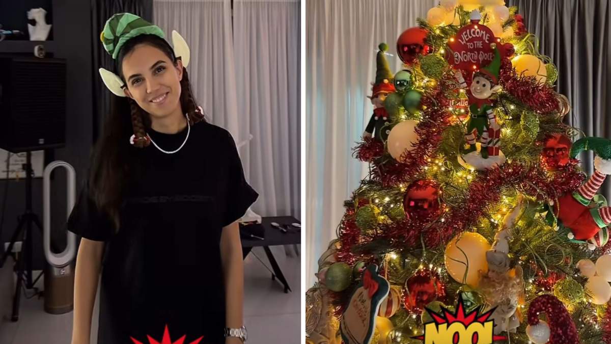 Colaj foto soția lui Dorian Popa și bradul lor de Crăciun