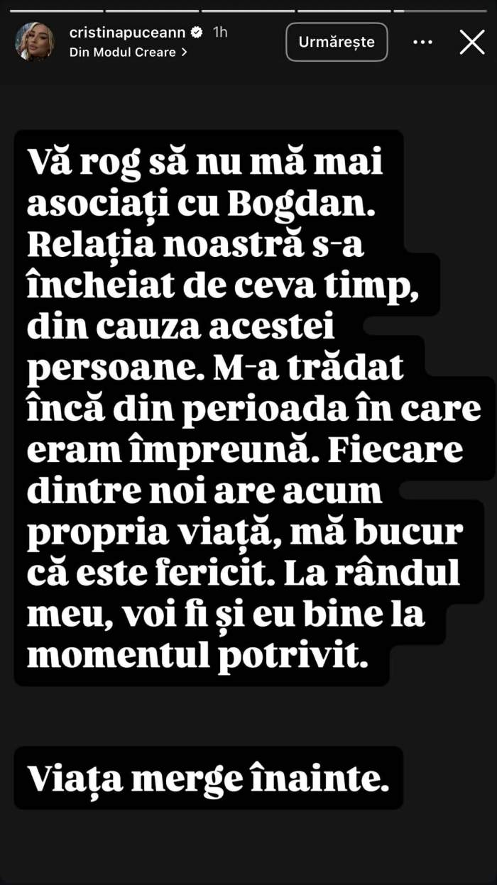 Cristina Pucean, prima reacție după ce Bogdan de la Ploiești și-a asumat relația cu Vanessa. Dansatoarea a transmis un mesaj tranșant