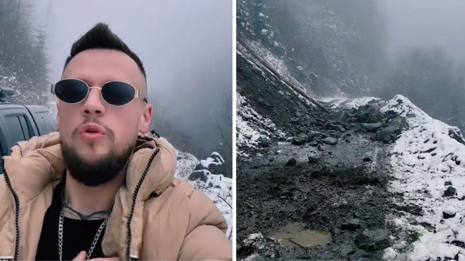 Colaj foto cu influencerul care a vrut să meargă la munte și drumul stricat