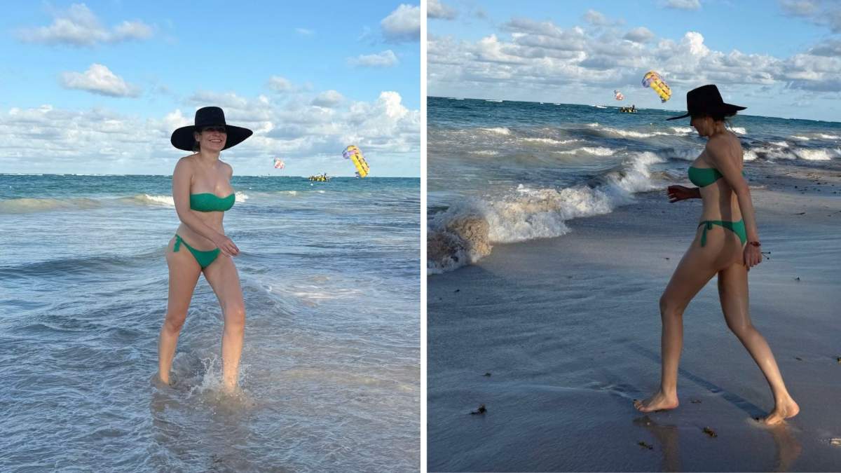 Colaj foto cu Adina Buzatu în costum de baie