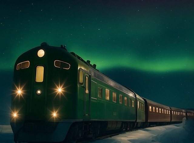 tren panoramic nocturn din care poate fi admirată aurora boreală