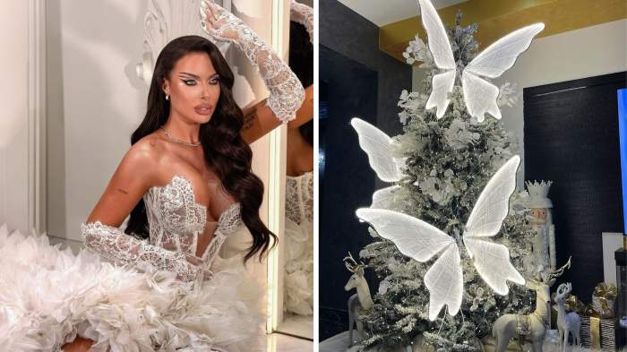 Colaj foto Loredana Chivu și bradul ei de Crăciun