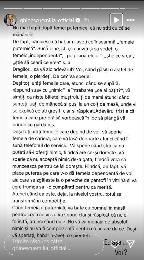 „Nu mai fugiți după femei puternice”. Emilia Ghinescu, mesaj pentru cei care o curtează. Artista este o femeie singură de aproape doi ani