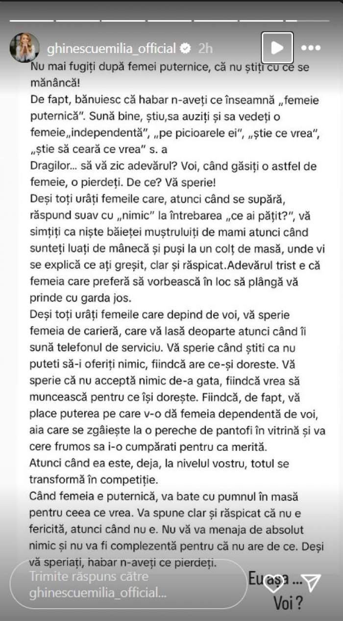 „Nu mai fugiți după femei puternice”. Emilia Ghinescu, mesaj pentru cei care o curtează. Artista este o femeie singură de aproape doi ani