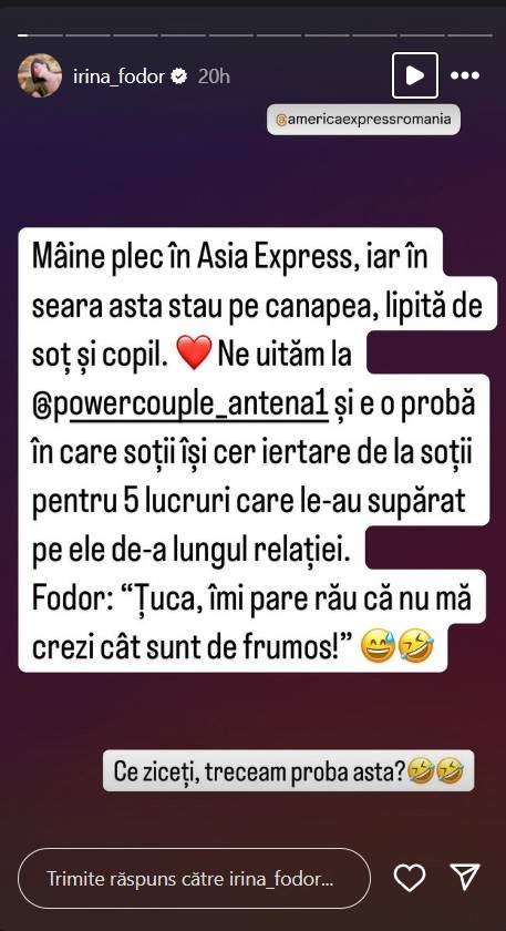 Irina Fodor a plecat în Asia Express! Ce gest a făcut soțul ei înainte cu o seară: „Ce credeți, treceam proba asta?”