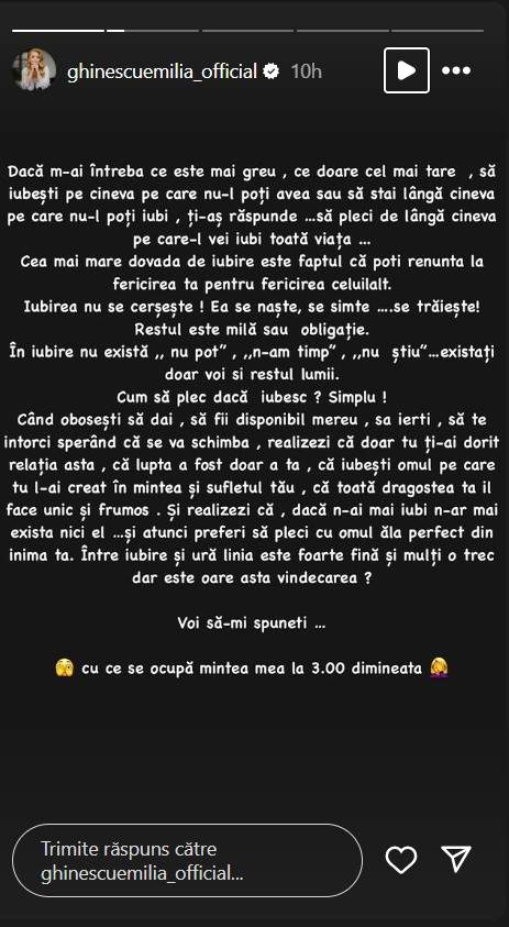 Emilia Ghinescu, mesaj pentru fostul iubit? „Când obosești să mai dai, să fii disponibil mereu...”. S-au despărțit în urmă cu un an