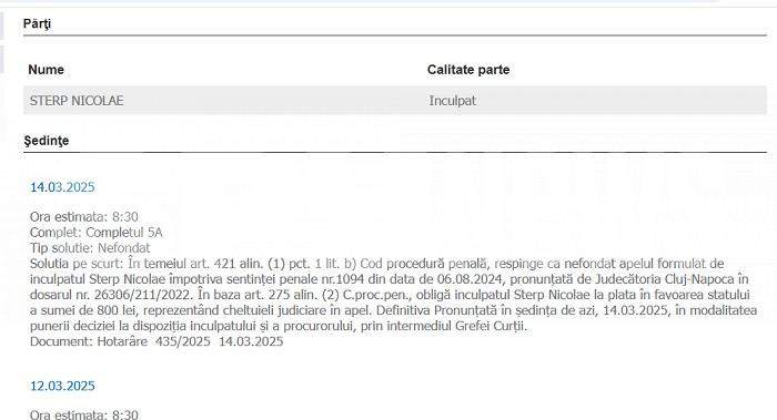 Culiță Sterp, condamnat definitiv! Verdictul Curții de Apel. DOCUMENT