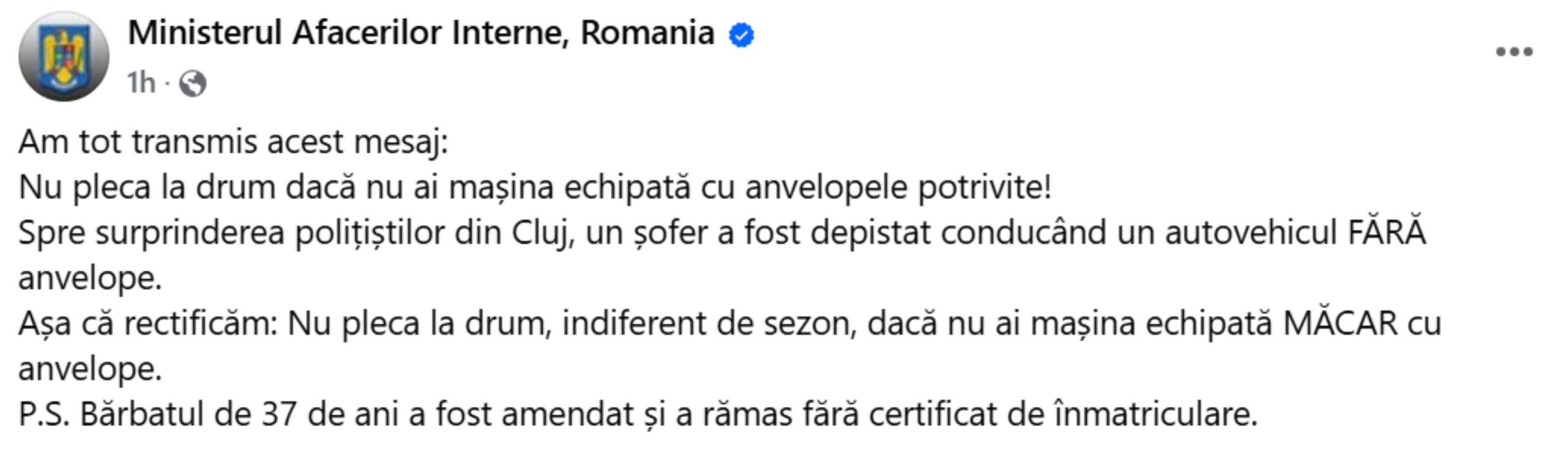 Postarea virală a Ministerului de Interne! Cum au comentat cazul bărbatului care a condus fără cauciucuri