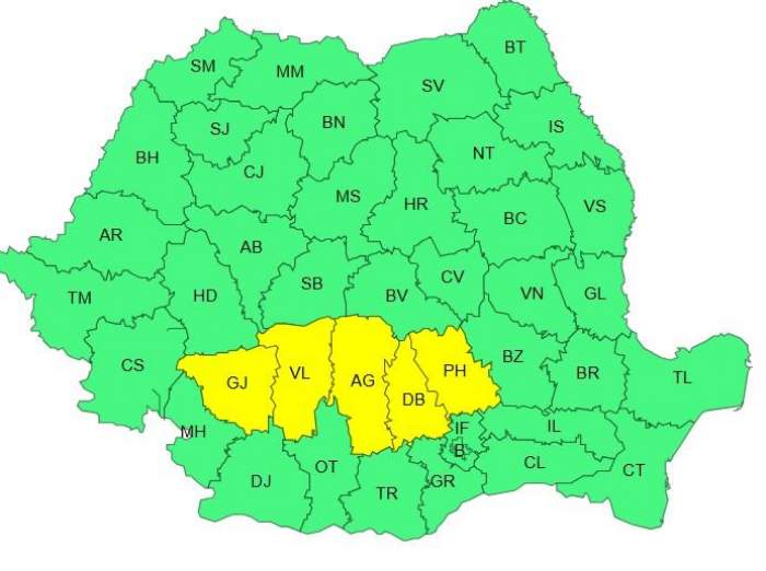harta județelor afectate de codul galben de ploi.