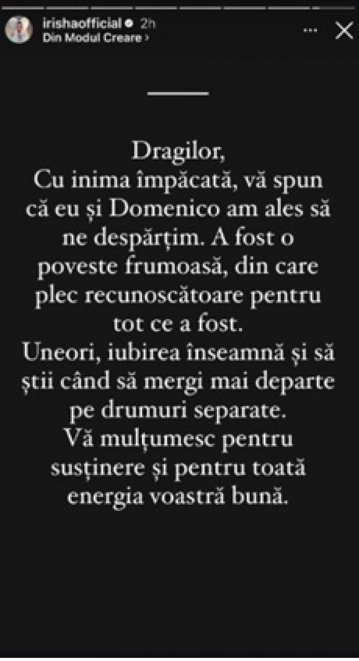 Irisha s-a despărțit de iubitul ei, Domenico! Primele declarații ale artistei despre separare: "A fost o poveste frumoasă..." / FOTO