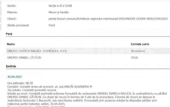 Decizie radicală în procesul de partaj Isabela - Daniel Onoriu / Are cinci zile la dispoziție!