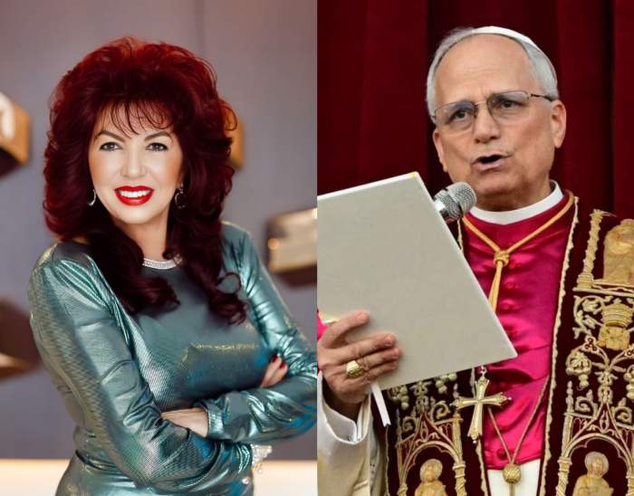 colaj din doua poze cu carmen harra si noul papă