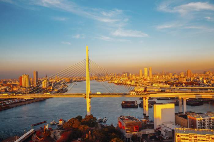 Portul Osaka și peisajul urban de pe roata ferris Tempozan din Japonia