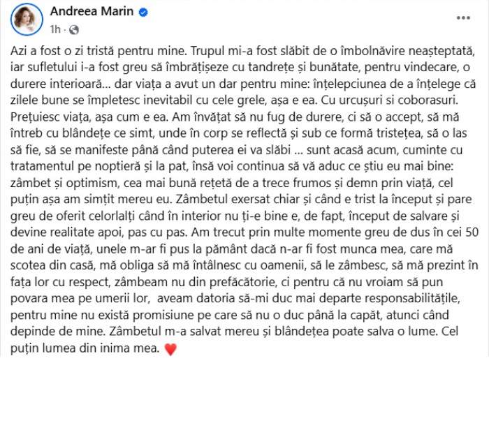 Andreea Marin se confruntă cu probleme de sănătate. Ce a pățit vedeta și cum se simte: "Am învățat să nu fug de durere" | FOTO