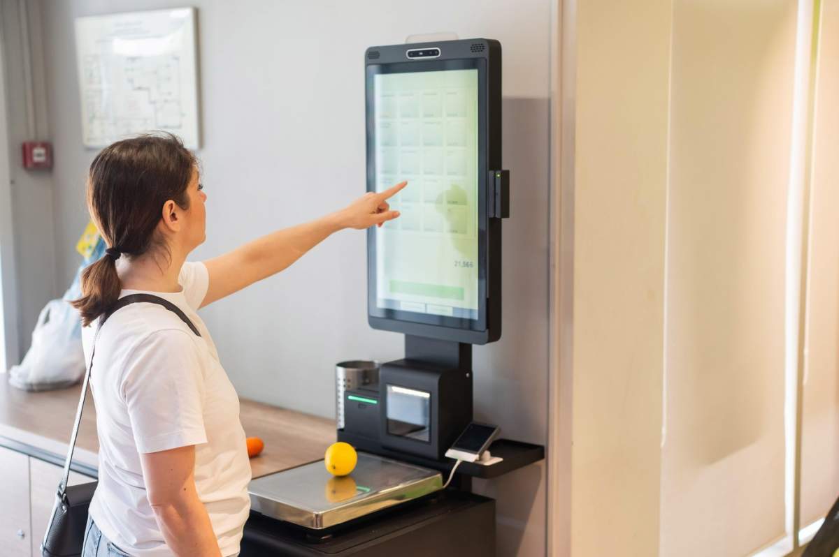 Femeie cântărind o lămâie la o casă de autocheckout.