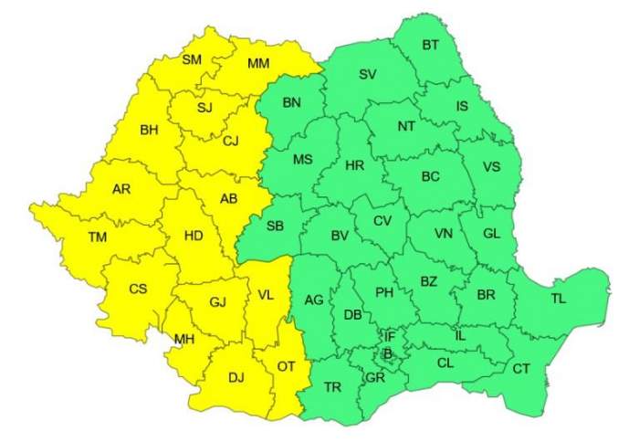 harta județelor afectate de codul galben de caniculă