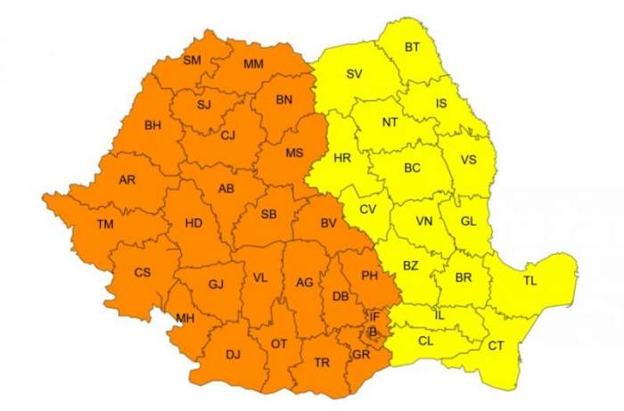 harta județelor afectate de cod portocaliu