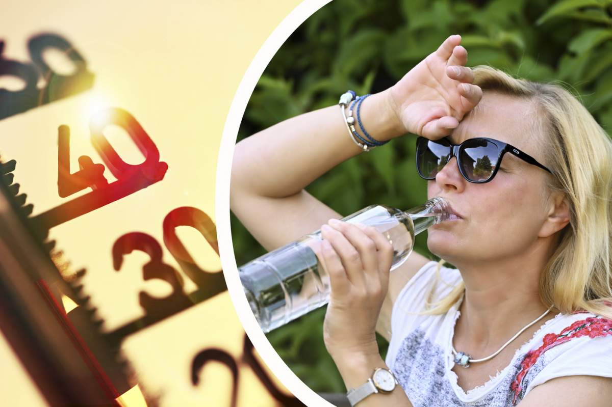 Termometru arată temperaturi ridicate, femeie apă potabilă, fotografie simbolică val de căldură, photomontage
