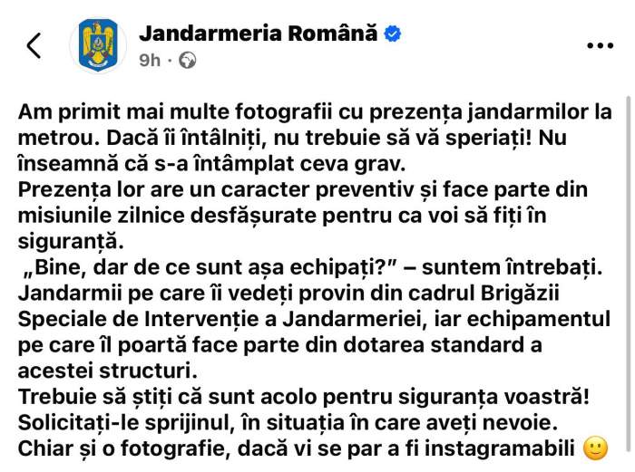 Jandarmeria Română explică prezența armată a jandarmilor la metrou: „Nu trebuie să vă speriați”