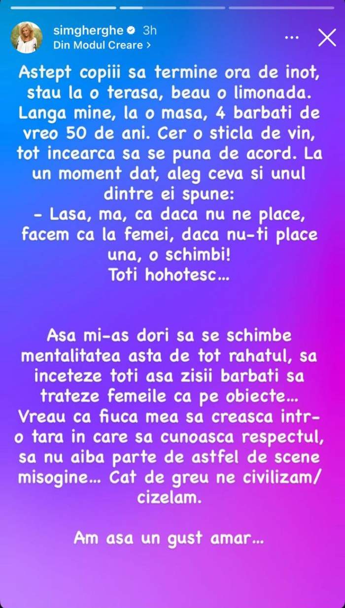 Simona Gherghe a răbufnit! Ce s-a întâmplat după ce a auzit involuntar mai mulți bărbați vorbind la o terasă: “Am așa un gust amar”
