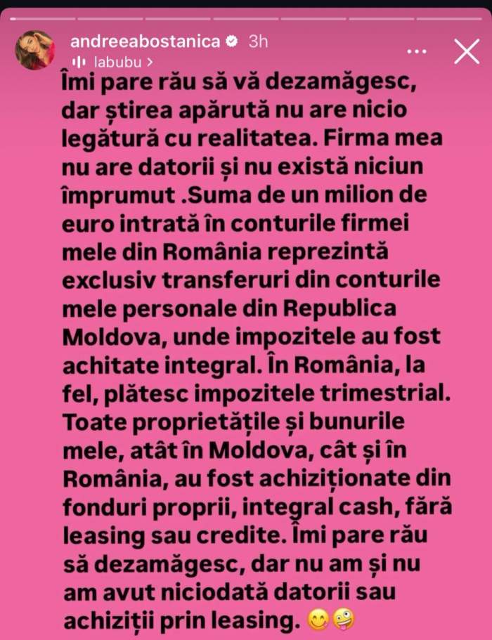 Andreea Bostanică lămurește: are sau nu datorii? Vorbește despre suma de un milion de euro