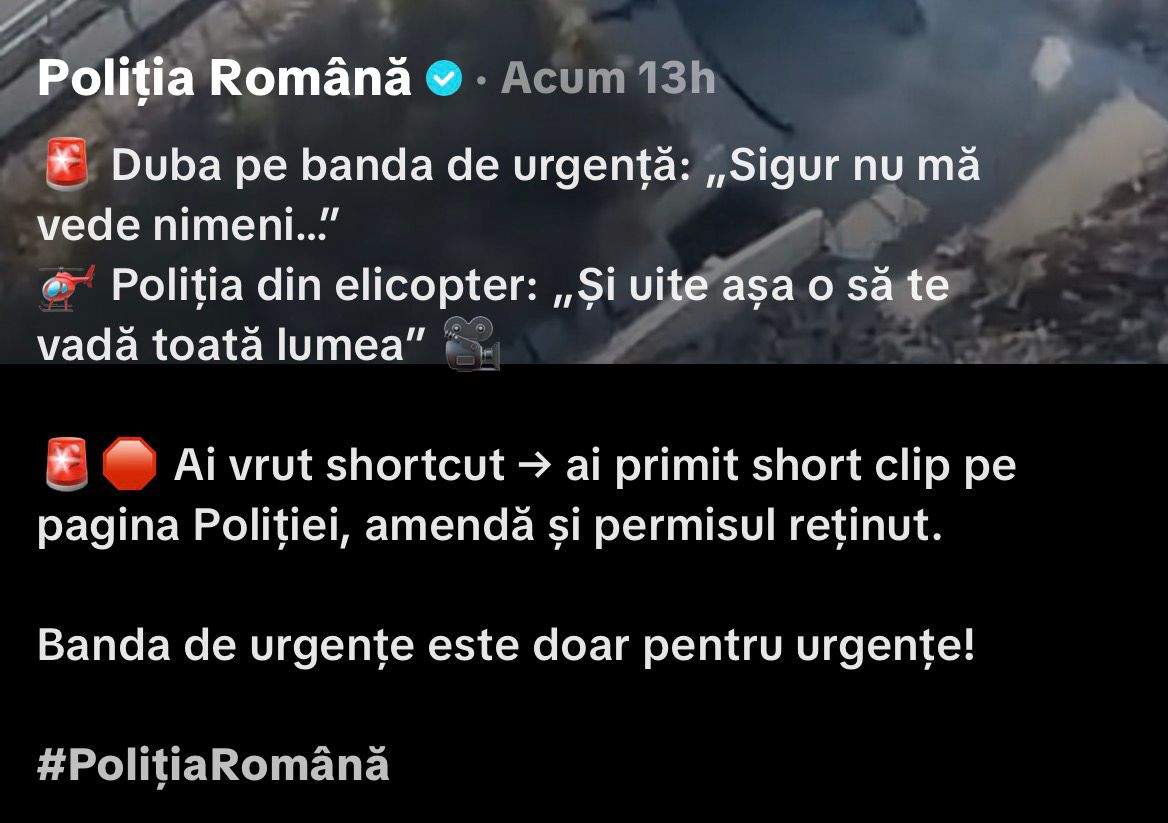 Poliția Română îi face virali pe șoferii care încalcă regulile. Cum a fost filmat un șofer pe banda de urgență