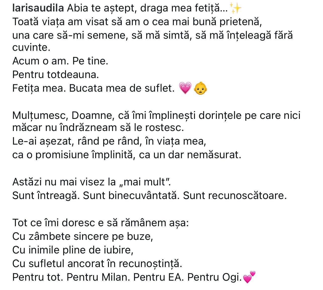Larisa Udilă, mesaj emoționant la scurt timp după ce a anunțat că va avea o fetiță: “Astăzi nu mai visez…”