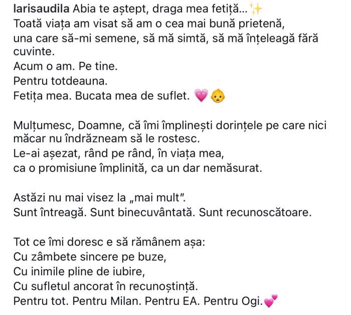 Larisa Udilă, mesaj emoționant la scurt timp după ce a anunțat că va avea o fetiță: “Astăzi nu mai visez…”