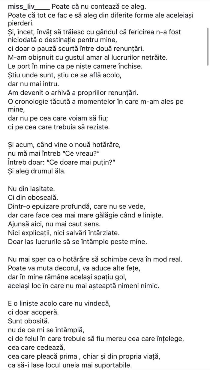 Livia, fosta soție a lui Bordea, suferă după despărțirea de Spike. Bruneta a postat un mesaj trist: "Poate că..."