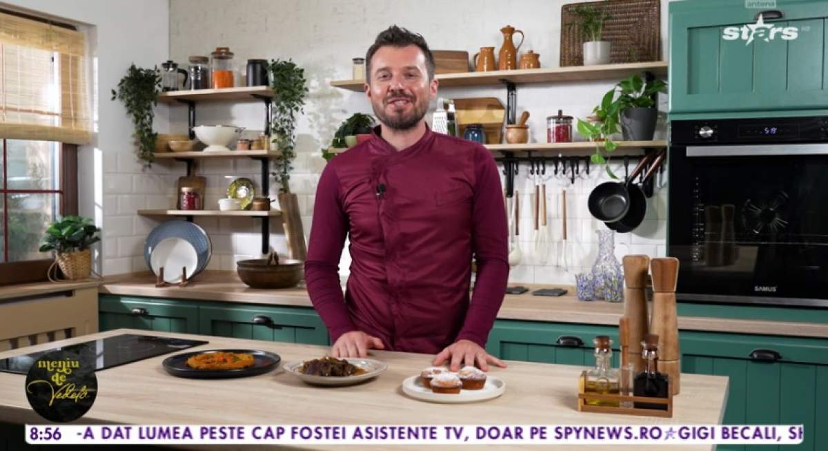 Meniul complet al lui Chef Horia Manea: cremă de morcovi copți cu fasole, ficăței fragezi cu ceapă și brioșe cu banane. Află rețetele pas cu pas