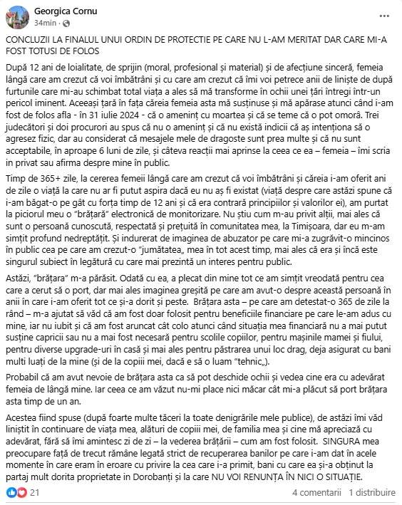 Georgică Cornu, primele declarații după ce a scăpat de brățara de urmărire. Ce spune omul de afaceri despre sentimentele pe care le-a avut pentru Marina Almășan: "I-am oferit tot ce și-a dorit și peste..."
