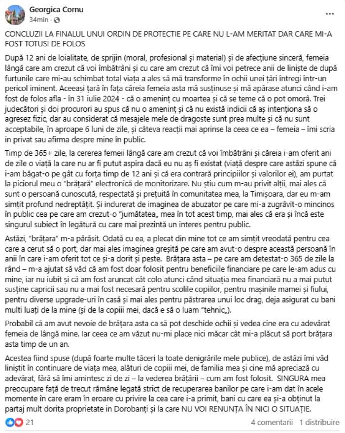 Georgică Cornu, primele declarații după ce a scăpat de brățara de urmărire. Ce spune omul de afaceri despre sentimentele pe care le-a avut pentru Marina Almășan: "I-am oferit tot ce și-a dorit și peste..."