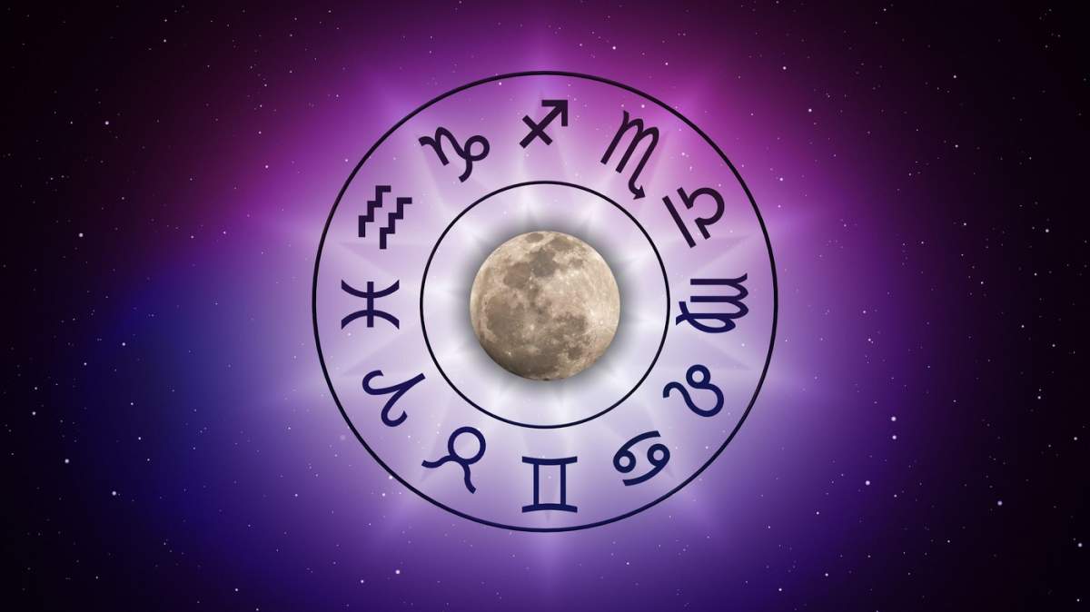Semne zodiacale astrologice în interiorul cercului horoscopului pe fundalul universului