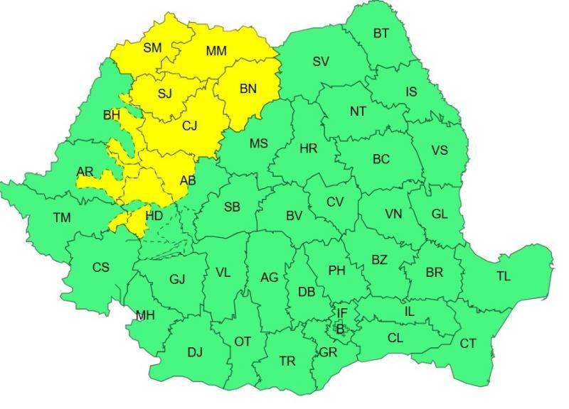 harta județelor afectate de vânt puternic