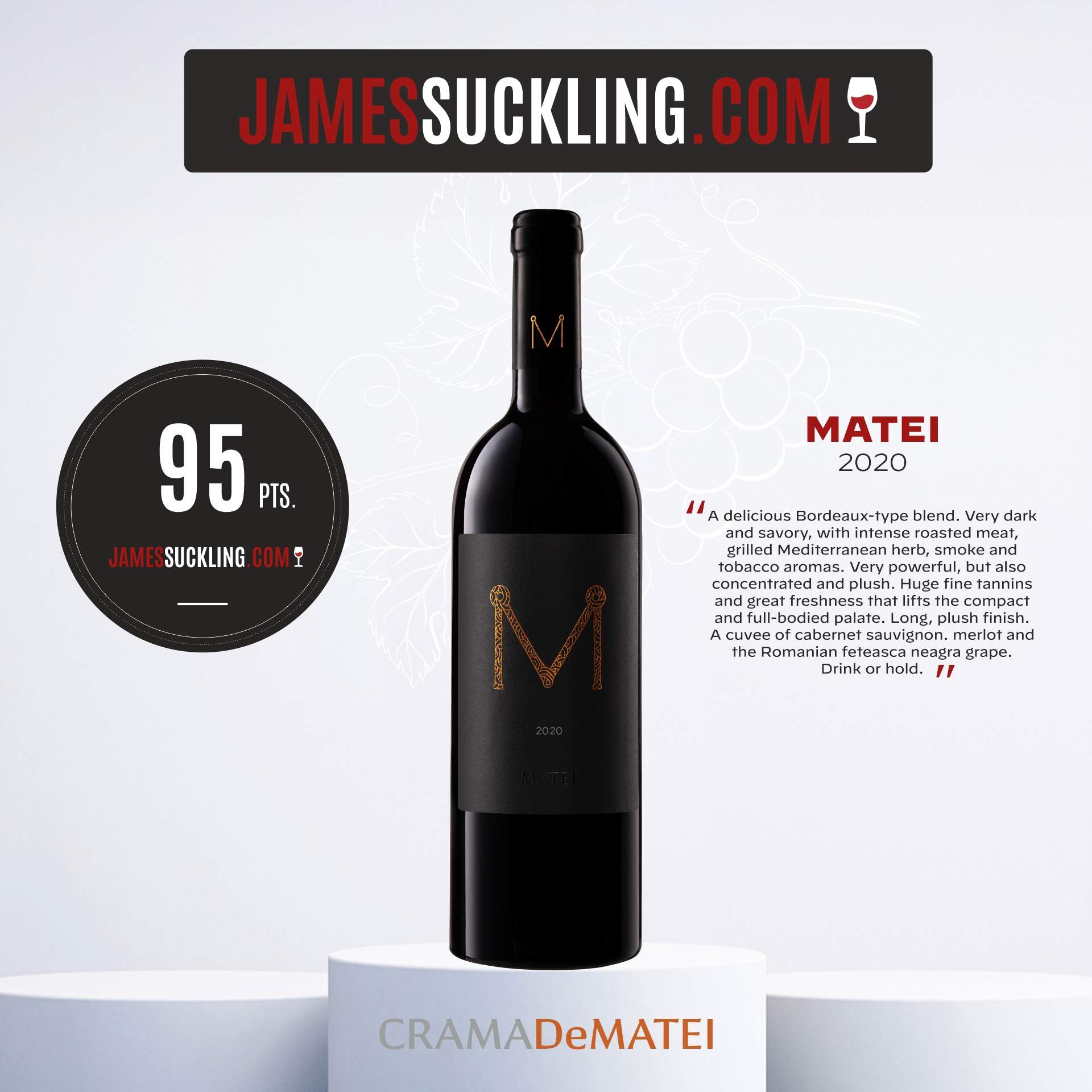 Crama DeMatei înregistrează cel mai mare scor istoric pentru un vin românesc la James Suckling: Matei 2020 – 95 de puncte!