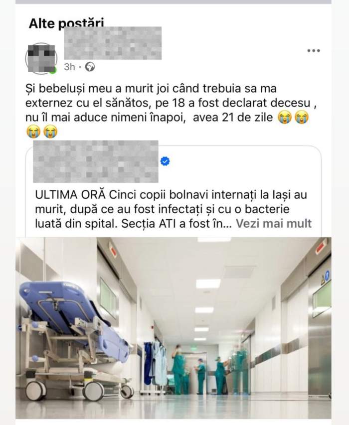 Ce mesaj sfâșietor a pus una dintre mămicile care și-au pierdut copiii după ce s-ar fi infectat cu o bacterie Spitalul Sfânta Maria din Iași: "Avea 21 de zile..." | FOTO