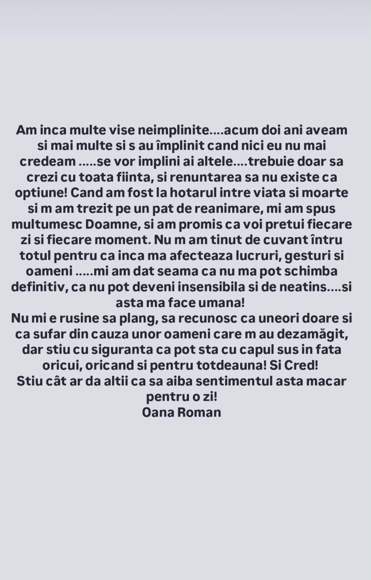 Oana Roman, despre visele sale neîmplinite. Ce le-a mărturisit urmăritorilor: “Se vor împlini…”
