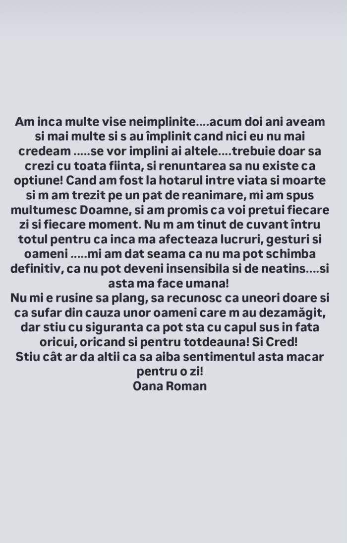 Oana Roman, despre visele sale neîmplinite. Ce le-a mărturisit urmăritorilor: “Se vor împlini…”